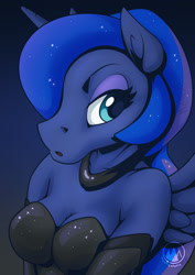 Size: 955x1351 | Tagged: safe, artist:mysticalpha, princess luna, alicorn, anthro, g4, black dress, clothes, dress, evening gloves, female, gloves, jewelry, long gloves, necklace, open mouth, solo