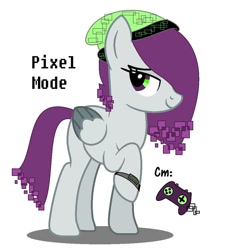 Size: 1080x1080 | Tagged: safe, artist:rxndxm.artist, oc, oc only, oc:pixel mode, pegasus, pony, beanie, bracelet, controller, hat, jewelry, pegasus oc, raised hoof, simple background, smiling, solo, two toned wings, white background, wings