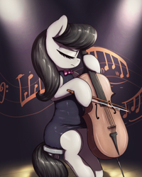 Size: 2000x2500 | Tagged: safe, artist:t72b, octavia melody, earth pony, pony, bow, bow (instrument), bowtie, cello, clothes, dress, eyes closed, female, hoof hold, lights, mare, music notes, musical instrument, sitting, solo, stage, stool