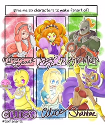 Size: 3000x3582 | Tagged: safe, artist:letletsdraw, adagio dazzle, genie, anthro, g4, alice in wonderland, animatronic, bra, bust, chica, clothes, crossover, dark skin, female, five nights at freddy's, guilty gear, helmet, high res, king of fighters, one eye closed, peace sign, shantae, shantae (character), six fanarts, smiling, smirk, underwear, wink