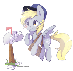 Size: 1214x1180 | Tagged: safe, artist:pulsefirepony, derpy hooves, pegasus, pony, g4, blushing, cute, derpabetes, female, flying, hat, heart eyes, mailbag, mailbox, mailmare, mailmare hat, mare, simple background, solo, white background, wingding eyes