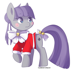 Size: 1144x1055 | Tagged: safe, artist:pulsefirepony, maud pie, earth pony, pony, g4, alternate hairstyle, blushing, bow, christmas, clothes, cute, female, heart eyes, holiday, mare, maudabetes, simple background, sleigh bells, solo, tail bow, white background, wingding eyes