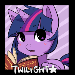 Size: 1280x1280 | Tagged: safe, artist:pulsefirepony, twilight sparkle, alicorn, pony, g4, blushing, book, bust, cute, female, mare, open mouth, solo, starry eyes, twiabetes, twilight sparkle (alicorn), wingding eyes