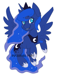 Size: 823x1083 | Tagged: safe, artist:pulsefirepony, princess luna, alicorn, pony, g4, blushing, design, ear fluff, feathered wings, female, mare, simple background, smiling, solo, spread wings, white background, wings