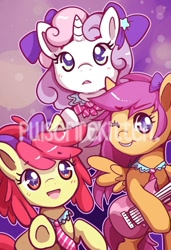 Size: 693x1012 | Tagged: safe, artist:pulsefirepony, apple bloom, scootaloo, sweetie belle, earth pony, pegasus, pony, unicorn, g4, alternate hairstyle, bow, cute, cutie mark crusaders, electric guitar, female, filly, guitar, hair bow, idol, musical instrument, necktie, obtrusive watermark, one eye closed, open mouth, ponytail, smiling, sparkly eyes, trio, trio female, watermark, wingding eyes, wink