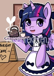 Size: 1280x1810 | Tagged: safe, artist:pulsefirepony, twilight sparkle, alicorn, pony, g4, bipedal, blushing, bow, clothes, cup, cute, dress, female, food, heart, maid, maid cafe, mare, obtrusive watermark, open mouth, solo, tea, teacup, teapot, tray, twiabetes, twilight sparkle (alicorn), watermark