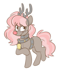 Size: 2439x2942 | Tagged: safe, artist:luximus17, oc, oc only, oc:scarlet trace (coffee bean), pony, animal costume, bell, christmas, commission, costume, eye clipping through hair, female, freckles, high res, holiday, looking at you, mare, raised hoof, raised leg, reindeer costume, simple background, sketch, smiling, solo, white background