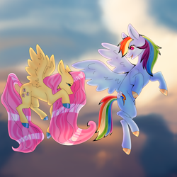 Size: 2000x2000 | Tagged: safe, artist:gooseofpeach, fluttershy, rainbow dash, pegasus, pony, g4, colored hooves, duo, female, flying, high res, mare