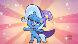 Size: 1280x720 | Tagged: safe, edit, edited screencap, screencap, trixie, pony, unicorn, friendship gems, g4, g4.5, my little pony: pony life, belly button, bipedal, cape, clothes, female, hat, mare, solo, t pose, treehouse logo