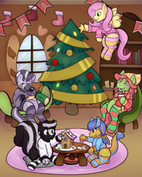 Size: 801x998 | Tagged: safe, artist:uniamoon, fluttershy, tree hugger, zecora, oc, oc:magma flare, oc:zenawa skunkpony, dracony, dragon, hybrid, pony, skunk, skunk pony, g4, candy canes, christmas, christmas stocking, christmas tree, clothes, decoration, dracony oc, eating, family, fluttershy's cottage (interior), flying, gingerbread house, gingerbread ponies, hearth's warming, hearth's warming eve, holiday, party, pumpkin pie, sitting, socks, striped socks, sweater, thigh highs, tree