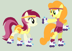 Size: 698x490 | Tagged: safe, artist:jadeharmony, artist:selenaede, carrot top, golden harvest, roseluck, earth pony, pony, g4, base used, bipedal, clothes, female, gray background, headband, lesbian, mare, open mouth, raised hoof, raised leg, roller skates, rollerblades, ship:carrotluck, shipping, shorts, show accurate, simple background, socks, sports shorts, striped socks, tank top