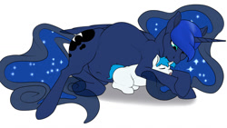 Size: 1280x722 | Tagged: safe, artist:m-p-l, princess luna, oc, oc:silverheart, alicorn, pony, unicorn, g4, adopted offspring, colt, commission, cuddling, female, male, mare, maternaluna, pregluna, pregnant