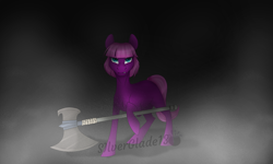 Size: 2500x1500 | Tagged: safe, artist:silver glade, oc, oc only, oc:violet petal, earth pony, pony, axe, blank flank, female, glare, looking at you, mare, simple background, smoke, sneer, solo, weapon