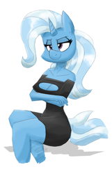 Size: 1200x1862 | Tagged: safe, artist:flutterthrash, trixie, unicorn, anthro, g4, black dress, boob window, breasts, cleavage, clothes, crossed arms, dress, female, lidded eyes, little black dress, smiling, solo