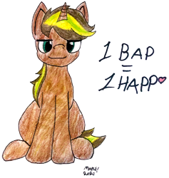Size: 1434x1514 | Tagged: safe, artist:mystic bolt, oc, oc only, oc:chiller sway, pony, unicorn, bap, front view, looking at you, male, simple background, sitting, solo, traditional art, transparent background