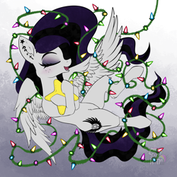 Size: 1250x1250 | Tagged: safe, artist:calena, oc, oc only, oc:sweet blasphemy, pegasus, pony, blushing, christmas, christmas lights, cute, ear fluff, female, freckles, holiday, hug, mare, pillow, pillow hug, solo, spread wings, wings