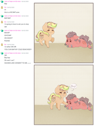 Size: 1619x2120 | Tagged: safe, artist:bubblegum, oc, oc only, oc:chiller sway, oc:demonic hooves, pegasus, pony, unicorn, :p, bap, comic, dead, duo, male, meme, side view, tongue out, unshorn fetlocks