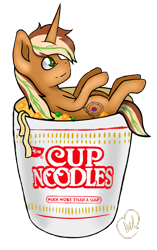 Size: 627x1000 | Tagged: safe, artist:candied death, oc, oc only, oc:chiller sway, pony, unicorn, cup noodles, food, full body, male, noodles, ramen, side view, simple background, small pony, transparent background