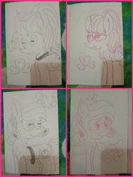 Size: 1500x1999 | Tagged: safe, artist:muhammad yunus, oc, oc:annisa trihapsari, oc:hsu amity, alicorn, earth pony, pony, cutie mark, duo, female, glasses, heart, mare, monochrome, open mouth, pencil, pencil drawing, photo, siblings, sisters, smiling, traditional art
