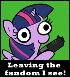 Size: 718x784 | Tagged: safe, artist:tjpones edits, edit, twilight sparkle, alicorn, pony, sparkles! the wonder horse!, g4, female, green background, gun, handgun, hoof hold, leaving the fandom, mare, pistol, simple background, smiling, solo, spread wings, text, the ride never ends, twilight sparkle (alicorn), weapon, wings