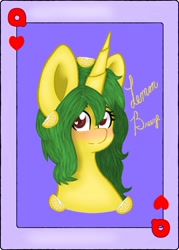 Size: 875x1225 | Tagged: safe, artist:candied death, oc, oc only, oc:lemon breeze, pony, unicorn, female, headhot, playing card, solo