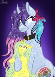 Size: 1484x2090 | Tagged: safe, oc, oc only, oc:denali lunamoon, oc:lemon breeze, crystal pony, pony, unicorn, collar, duo, female, looking at each other, looking down, looking up, mare, simple background, size difference