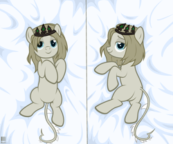 Size: 2994x2500 | Tagged: safe, alternate version, artist:housston, oc, oc only, oc:night blizzard, earth pony, pony, bedroom eyes, blank flank, blanket, body pillow, body pillow design, butt, commission, crown, featureless crotch, female, high res, jewelry, lying down, mare, on back, on side, plot, raised hoof, raised leg, regalia, solo, ych result