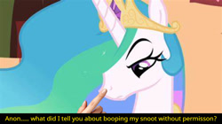 Size: 1280x718 | Tagged: safe, edit, edited screencap, screencap, princess celestia, pony, g4, angry, boop, caption, celestia is not amused, disembodied hand, hand, implied anon, text, this will end in a trip to the moon, unamused