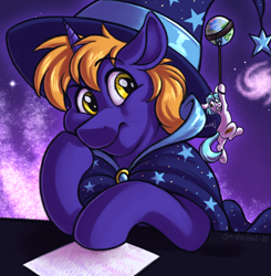 Size: 1208x1232 | Tagged: safe, artist:sugaryviolet, oc, oc only, oc:aether lux, oc:snap fable, pony, annoyed, bigger than a planet, desk, duo, duo male, facehoof, galaxy, hat, leash, macro, macro/micro, male, micro, paper, planet, purple background, scared, simple background, space, stallion, stars, tangible heavenly object, tied up, wizard, wizard hat, wizard robe