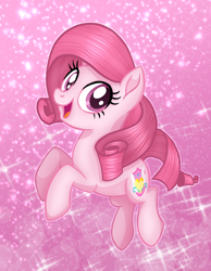 Size: 892x1148 | Tagged: safe, alternate version, artist:muhammad yunus, oc, oc only, oc:annisa trihapsari, earth pony, pony, g4, female, jumping, looking at you, mare, open mouth, phone wallpaper, pink background, simple background, solo, sparkles, wallpaper