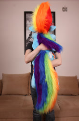 Size: 1812x2757 | Tagged: safe, artist:ponimalion, rainbow dash, human, pegasus, pony, g4, cuddling, female, fluffy, holding a pony, hug, human on pony snuggling, irl, photo, plushie, snuggling, wings