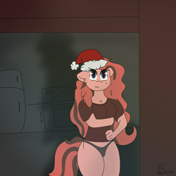 Size: 2500x2500 | Tagged: safe, artist:inky scroll, oc, oc only, oc:scarlett blade, anthro, christmas, christmas tree, clothes, female, hat, high res, holiday, mare, panties, santa hat, shirt, tree, underwear