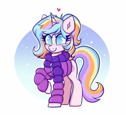 Size: 1912x1734 | Tagged: safe, artist:confetticakez, oc, oc only, oc:oofy colorful, pony, unicorn, blushing, clothes, cute, female, horn, jacket, mare, smiling, snow, snowfall, solo, unicorn oc, winter, winter outfit