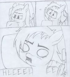 Size: 3720x4096 | Tagged: safe, artist:myzanil, oc, oc:myza nil red, pegasus, pony, car, comic, crying, hair, monochrome, pain, pencil drawing, scared, seatbelt, sitting, solo, stuck, text, traditional art