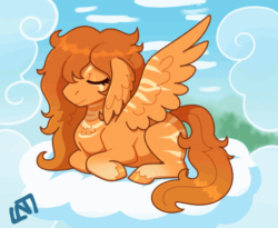Size: 560x459 | Tagged: safe, artist:lastnight-light, oc, oc:marmalade, pegasus, pony, animated, cloud, eyes closed, feathered wings, female, female oc, flapping wings, floppy ears, folded wings, gif, happy, lying down, mare, mare oc, pegasus oc, pony oc, prone, smiling, solo, spread wings, wing ears, wings