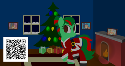 Size: 4096x2160 | Tagged: safe, artist:thunder-blur, oc, oc only, earth pony, pony, christmas, christmas tree, fireplace, holiday, picture frame, present, qr code, raised hoof, simple background, solo, tree, wallpaper, window