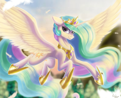 Size: 1480x1200 | Tagged: safe, artist:evedizzy26, princess celestia, alicorn, pony, beautiful, blurry background, concave belly, crown, ear fluff, eyelashes, female, floppy ears, flying, hoof shoes, jewelry, long mane, long tail, looking at you, mare, peytral, princess shoes, regalia, slim, smiling, smiling at you, solo, spread wings, sternocleidomastoid, sunshine, tail, thin, wings