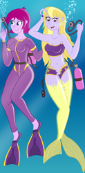 Size: 1904x3855 | Tagged: safe, artist:physicrodrigo, fuchsia blush, lavender lace, trixie, angler fish, fish, mermaid, equestria girls, g4, air tank, armpits, belly button, bikini, breasts, busty fuchsia blush, busty lavender lace, clothes, cropped, duo, duo female, female, flippers (gear), gills, high res, human to mermaid, mermaidized, rebreather, ripping clothes, scuba gear, species swap, swimsuit, transformation, underwater, wetsuit
