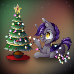Size: 2048x2048 | Tagged: safe, artist:mychelle, oc, oc only, bat pony, pony, christmas, christmas tree, female, high res, holiday, lying down, mare, prone, solo, tree