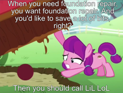Size: 806x609 | Tagged: safe, edit, edited screencap, screencap, lily longsocks, earth pony, pony, crusaders of the lost mark, g4, ball, cropped, cs188, earth pony magic, earth pony strength, female, filly, foal, hoh sis, lifting, magic, meme, no one needs foundation repair, ponified meme, solo, strength, super strength, youtube poop