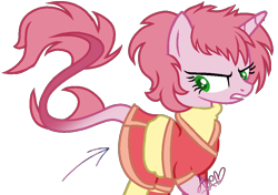 Size: 900x633 | Tagged: safe, artist:muhammad yunus, classical unicorn, pony, unicorn, g4, aelita schaeffer, arrow, clothes, cloven hooves, code lyoko, crossover, cute, gritted teeth, horn, implied upskirt, leonine tail, looking at you, ponified, simple background, solo, transparent background, unshorn fetlocks