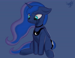 Size: 9000x7000 | Tagged: safe, artist:ccruelangel, princess luna, alicorn, pony, g4, absurd resolution, blue background, chest fluff, crying, depression, female, floppy ears, frown, makeup, mare, mascara, running makeup, sad, simple background, sitting, solo, tears of pain, teary eyes, wings
