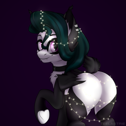 Size: 4000x4000 | Tagged: safe, artist:teelastrie, oc, oc only, oc:lex, bat pony, pony, absurd resolution, bat pony oc, bat wings, bobbed tail, butt, chest fluff, collar, ear piercing, earring, fangs, female, holiday, jewelry, looking at you, looking back, looking back at you, mare, piercing, plot, raised hoof, short tail, smiling, solo, string lights, tail, wings