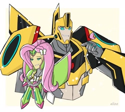 Size: 1658x1486 | Tagged: safe, artist:elioo, fluttershy, butterfly, cybertronian, robot, equestria girls, g4, autobot, bumblebee (transformers), equestria bots, species swap, transformerfied, transformers, transformers robots in disguise (2015)