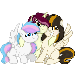 Size: 594x595 | Tagged: safe, artist:c.a.m.e.l.l.i.a, artist:emeriss96, oc, oc:camellia glory, oc:fire bolt, oc:white tail, pegasus, pony, unicorn, cute, female, mare, ocbetes, simple background, smiling, transparent background, trio, trio female