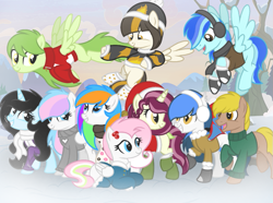 Size: 805x600 | Tagged: safe, artist:emeriss96, oc, oc:black min, oc:camellia glory, oc:edy dx, oc:fire bolt, oc:katie lighter, oc:mimi rusebiry, oc:nassora, oc:pink cake, oc:white tail, bat pony, pegasus, pony, unicorn, clothes, flying, looking at each other, snow, winter