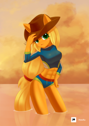 Size: 1000x1407 | Tagged: safe, artist:howxu, applejack, earth pony, anthro, g4, abs, applejack's hat, belly button, breasts, busty applejack, clothes, cowboy hat, cute, equestria girls outfit, female, freckles, hat, jackabetes, looking at you, solo, standing in water, sunset, swimsuit