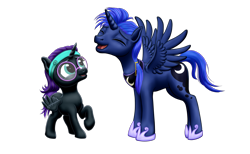 Size: 2575x1591 | Tagged: safe, artist:vasillium, princess luna, oc, oc:nyx, alicorn, pony, g4, accessory, adorable face, adorkable, alicorn oc, artemabetes, closed mouth, cute, diabetes, dork, eyebrows, eyelashes, eyes closed, eyes open, female, glasses, happy, headband, horn, horseshoes, jewelry, looking, looking up, male, moon, necklace, nostrils, nyxabetes, open mouth, ponytail, prince, prince artemis, regalia, royalty, rule 63, rule63betes, simple background, smiling, spread wings, stallion, standing, transparent background, wings