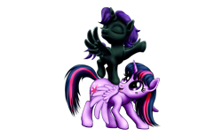 Size: 2575x1591 | Tagged: safe, artist:vasillium, twilight sparkle, oc, oc:nyx, alicorn, pony, g4, accessory, alicorn oc, closed mouth, clothes, cutie mark, daughter, eyebrows, eyelashes, eyes closed, family, female, filly, happy, headband, horn, mare, mother, mother and child, mother and daughter, nostrils, open mouth, parent and child, parent and foal, princess, raised hoof, royalty, simple background, spread wings, standing, stars, transparent background, twilight sparkle (alicorn), wings