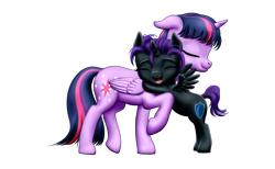 Size: 2575x1591 | Tagged: safe, artist:vasillium, twilight sparkle, oc, oc:nyx, alicorn, pony, g4, alicorn oc, closed mouth, cutie mark, daughter, eyebrows, eyelashes, eyes closed, family, female, filly, happy, horn, hug, love, mare, moon, mother, mother and child, mother and daughter, motherly love, nostrils, open mouth, parent and child, parent and foal, princess, raised hoof, royalty, shield, simple background, spread wings, standing, standing on back legs, stars, transparent background, twilight sparkle (alicorn), wings